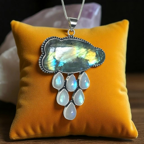🆕️Labradorite Moonstone Cloud Pendant Necklace 925 Silver Plated | Boho Luxe - Picture 12 of 14